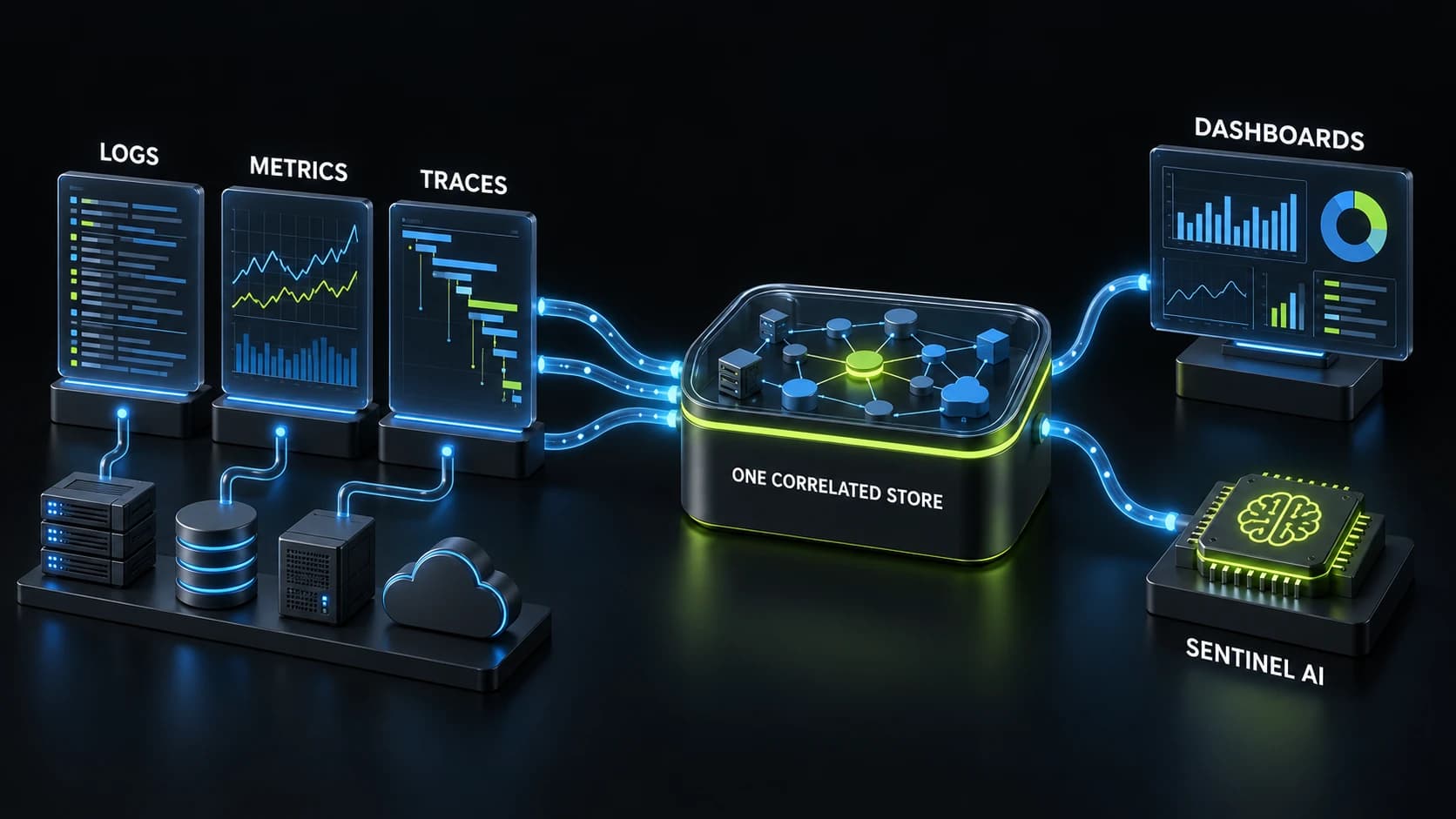Logs, metrics and traces converge into one resource-correlated telemetry store, which feeds dashboards and Sentinel AI.
